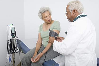 Doctor measuring blood pressure of senior Black woman