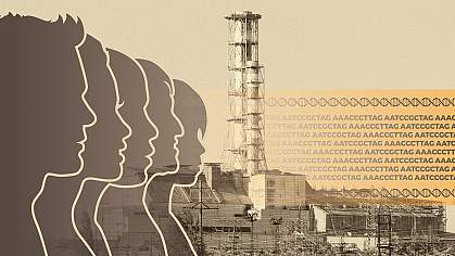 Silhouettes of adults and children and DNA code over a photo of the Chernobyl nuclear power plant.