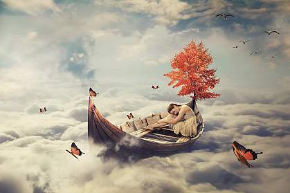 Young woman drifting above the clouds on a boat with a tree growing in it and butterflies and birds flying around.