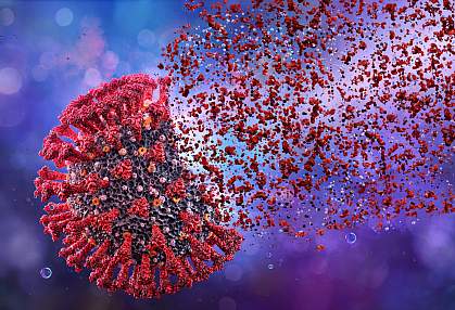 Illustration of SARS-CoV-2 breaking into pieces.