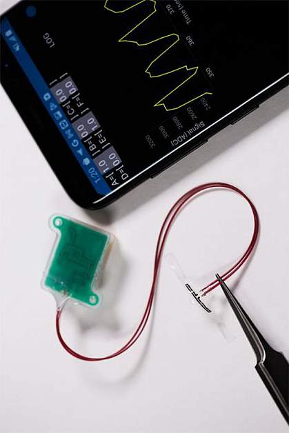 Photo of a stretchable sensor with a thin wire connecting it to a green rectangular device, along with smartphone screen showing measurements.