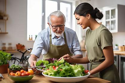 A young woman and older man preparing a salad.