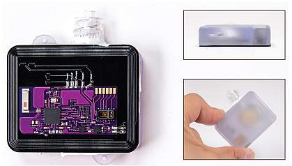 Photos of Naloximeter circuits, a side view of the device, and a top view of the device held between a finger and thumb.