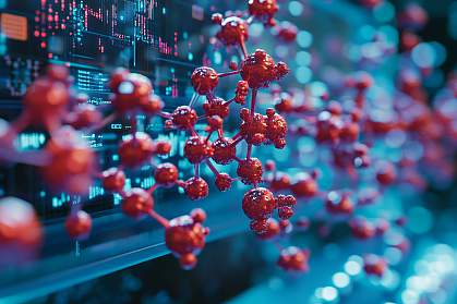 Illustration of a molecular structure emerging from a computer screen.