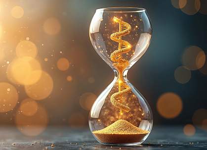 Illustration of an hourglass intertwined with a DNA helix. Illustration of an hourglass intertwined with a DNA helix.