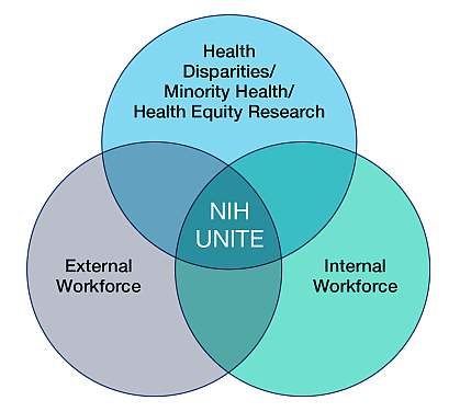 Venn Diagram of the NIH UNITE initiative. Health Disparities, Minority Health, Health Equity Research, External Workforce and Internal Workforce.