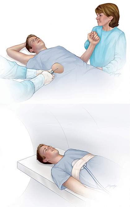 Illustrations of a patient undergoing a liver examination.