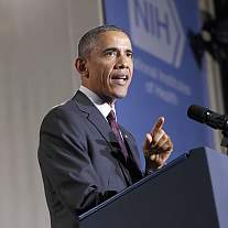 A photo of President Obama speaking at a podium