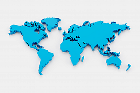 Three-dimensional world map in blue on a white background.