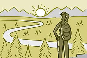 Illustration of a hiker watching a sunset from atop a mountain.