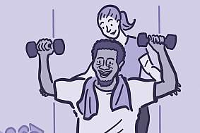 Illustration of a man lifting weights with a personal trainer