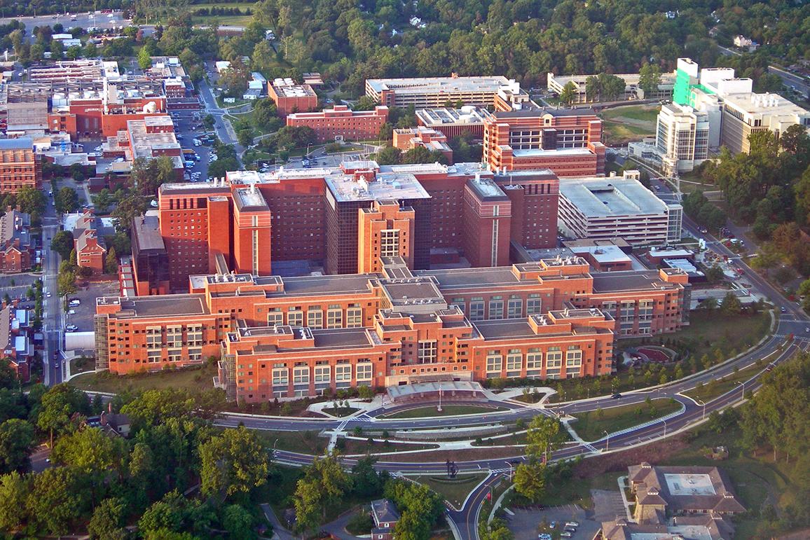 Aerial photo of the NIH Clinical Center building, where the Ommaya Reservoir was developed