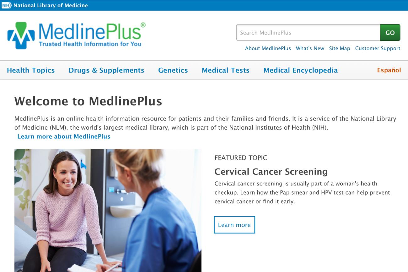 Screenshot of the homepage of MedlinePlus website.