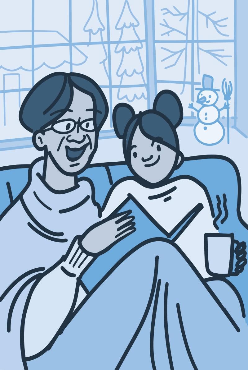 Illustration of family under a winter blanket