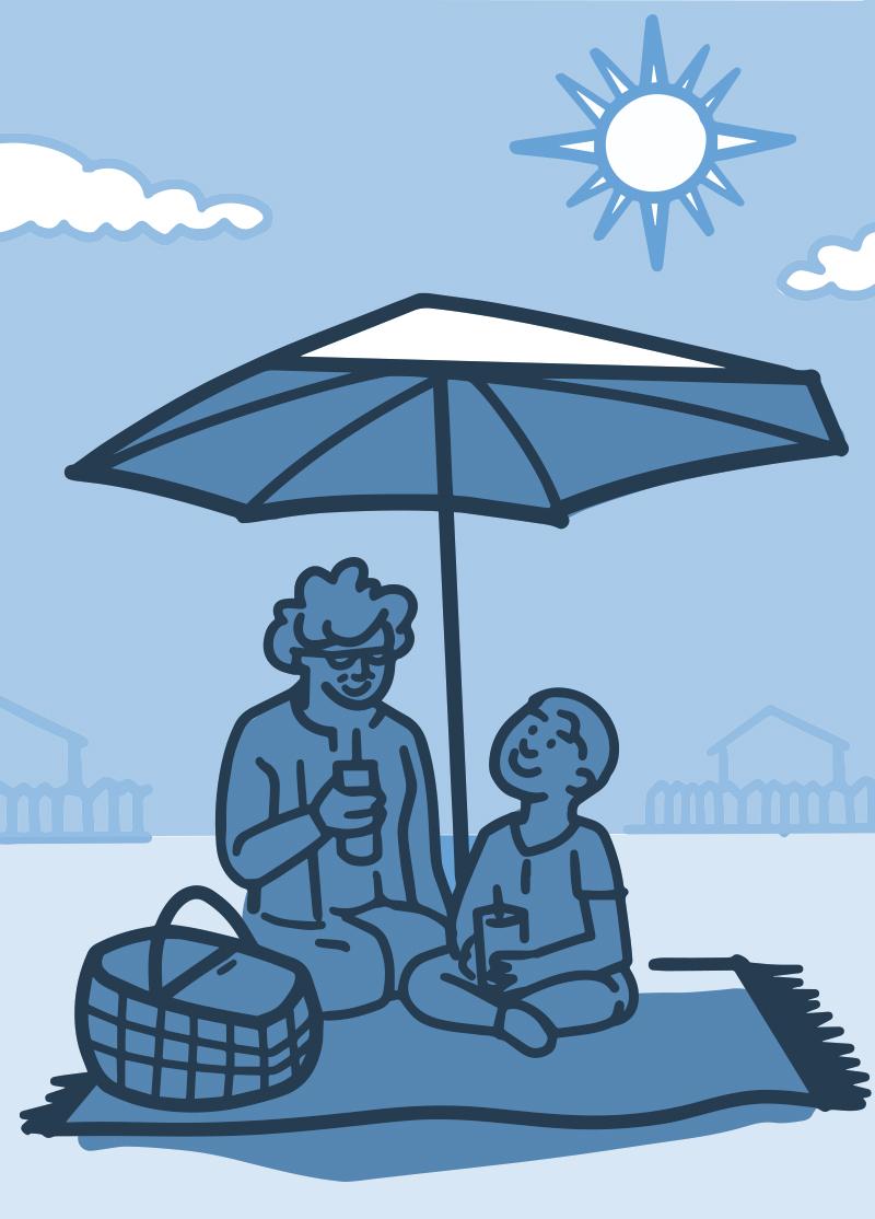 Illustration of a grandparent and child under a picnic umbrella