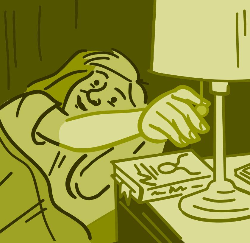 Illustration of man shutting off light and getting in bed