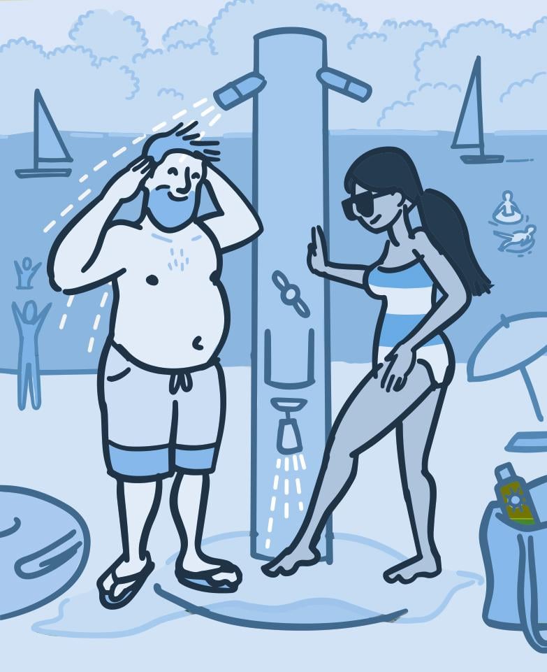 Illustration of people rinsing off at a beach shower