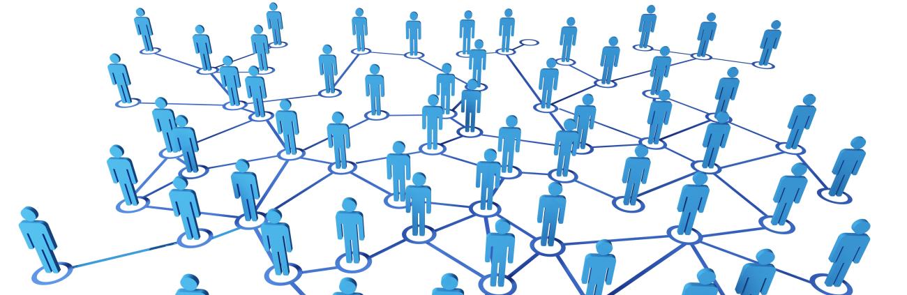 Graphic of small blue person-shaped icons connected by circles and lines