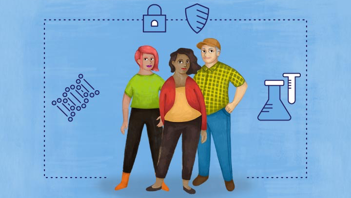 three illustrated figures standing together, surrounded by padlock, shield, network, and test-tube icons on a blue background