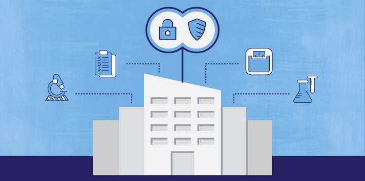 illustration of a building connected to a telescope, a clipboard with a checklist, a lock and a shield, a scale, and test tubes over a split light-and-dark-blue background