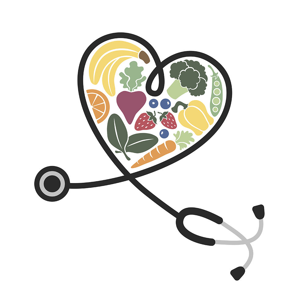 stethoscope in heart shape filled with healthy food