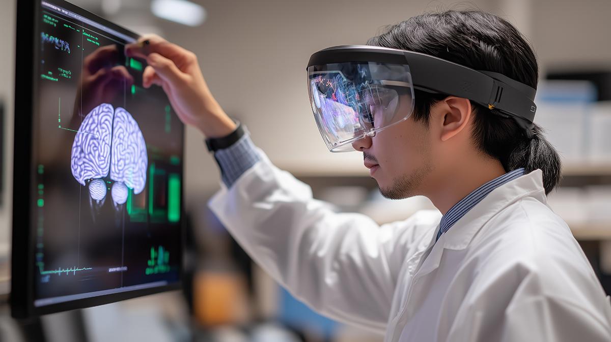 Researcher analyzes brain scans using augmented reality technology in a laboratory setting at a university