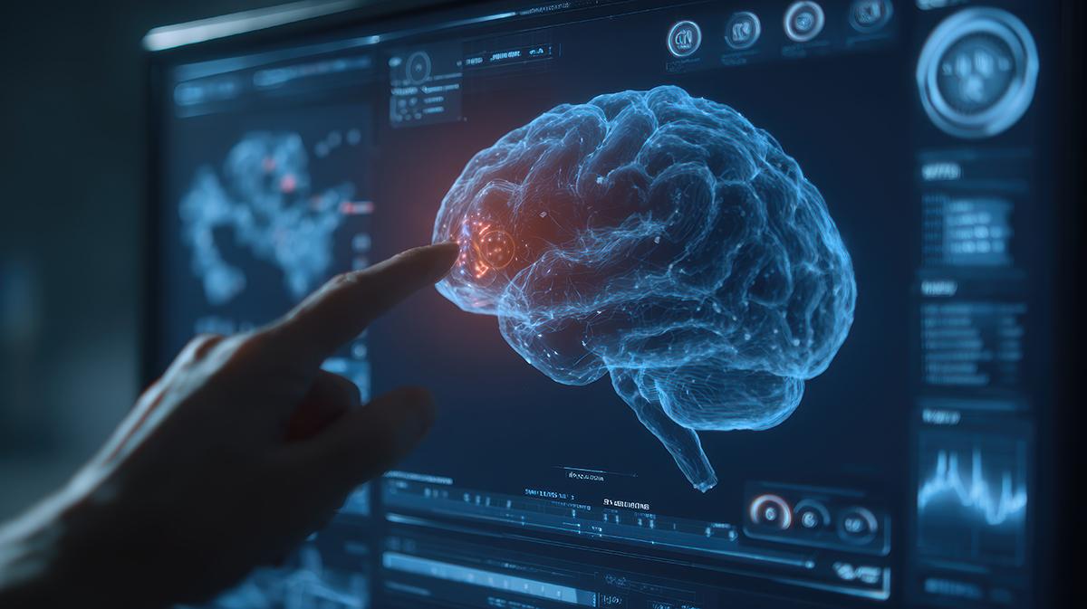 Interactive display showing a brain model with data visualization and touch interaction.