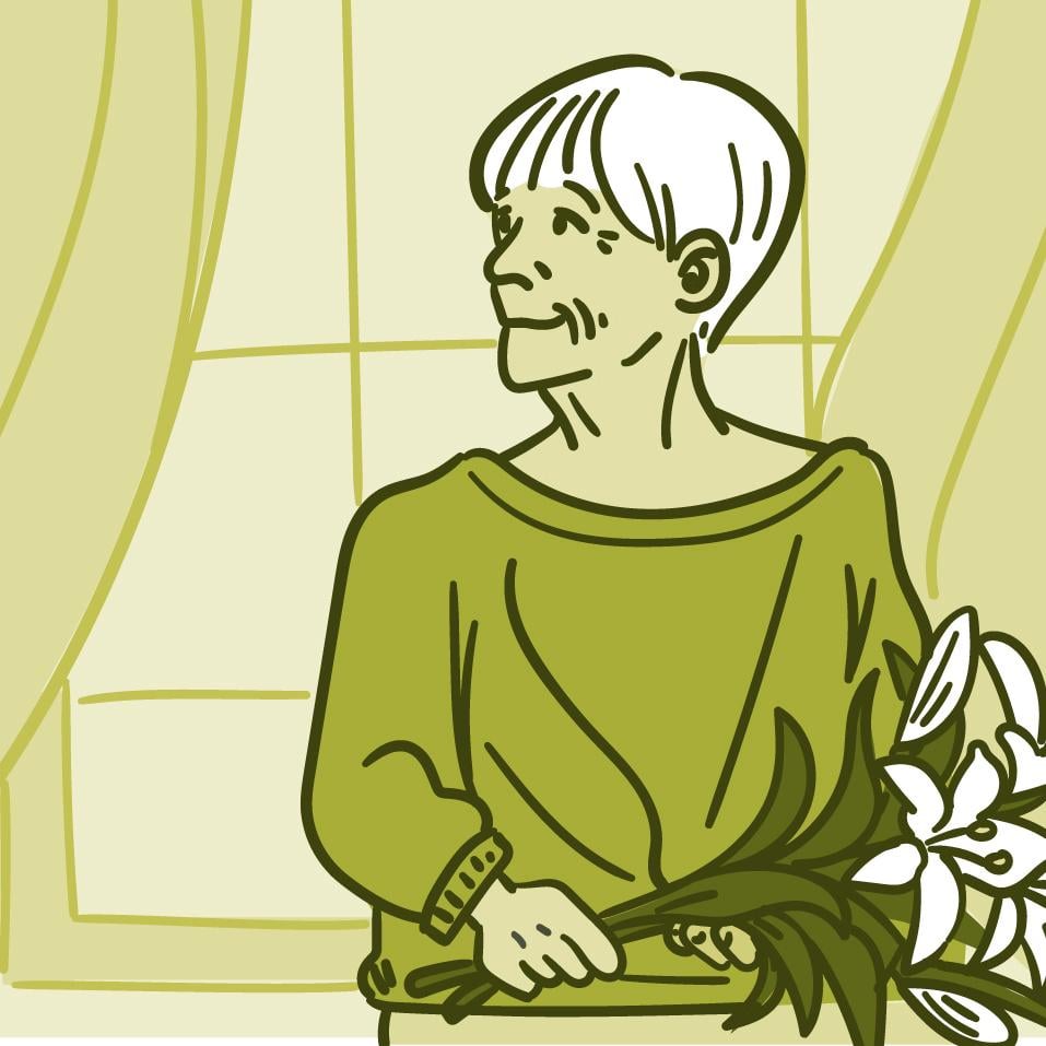 Illustration of person with flowers in thier hands.