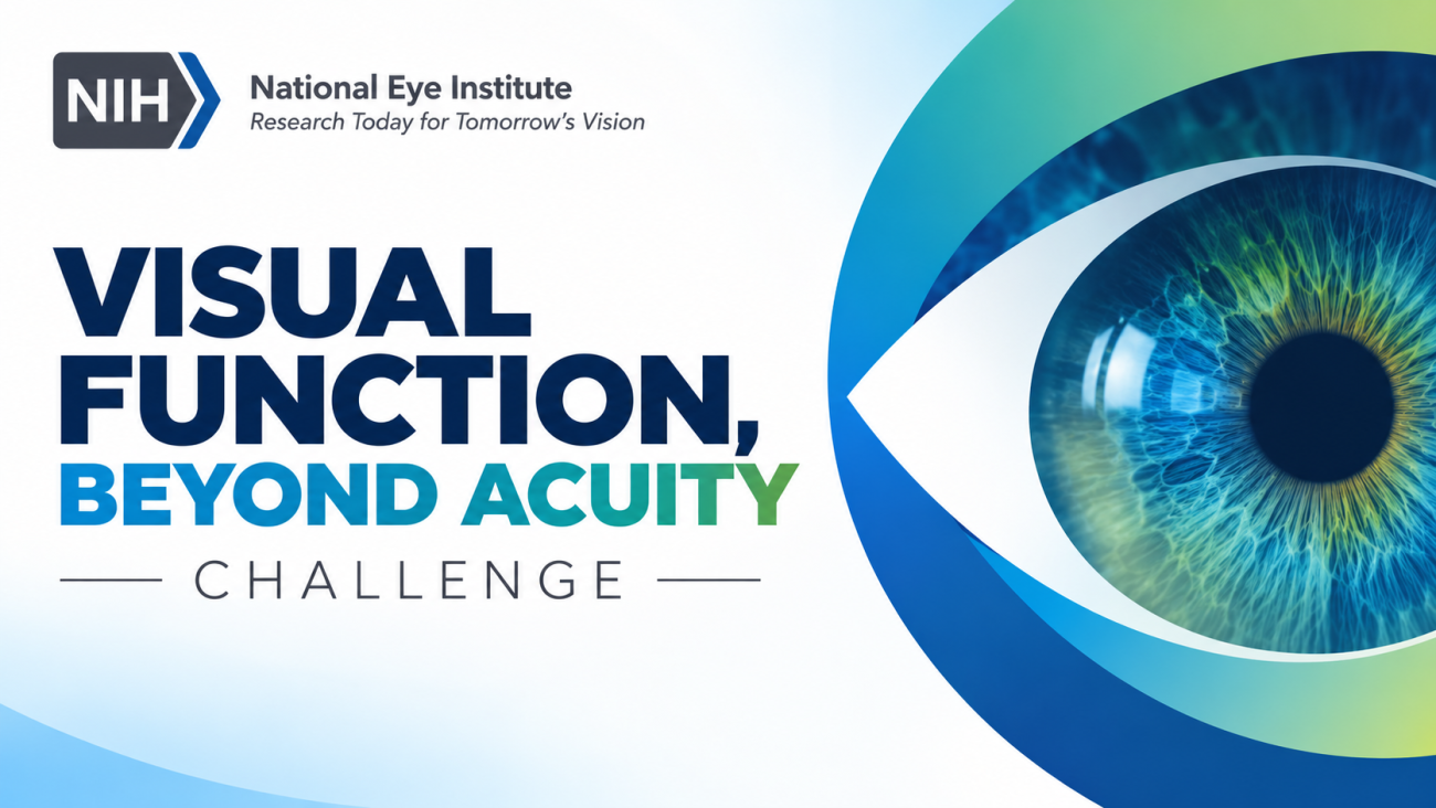 National Eye Institute graphic for the Visual Function, Beyond Acuity Challenge, featuring a close-up of a blue-green eye framed by stylized blue and green shapes.