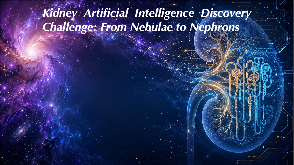 The graphic depicts the “Kidney Artificial Intelligence Discovery Challenge: From Nebulae to Nephrons.” A large translucent kidney dominates the right side of the composition. Inside it are stylized gold and blue nephron structures and branching vascular patterns. Digital circuit lines and interconnected nodes extend around the kidney, representing artificial intelligence and computational analysis. The left side shows a vivid purple and blue galaxy and nebula.