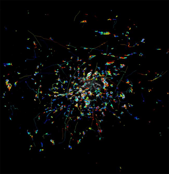 A still grey image with colorful scribbles overlaid indicating movement