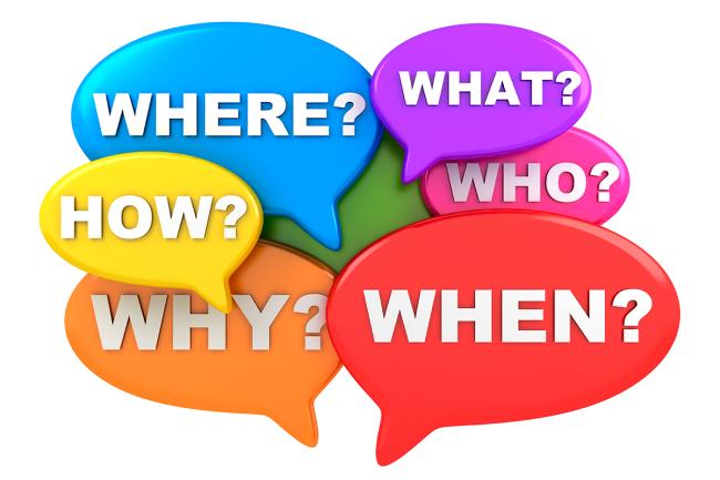 Thought balloons that say where? what? who? how? why? when?