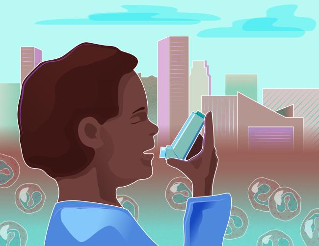 Illustration of a child using asthma inhaler