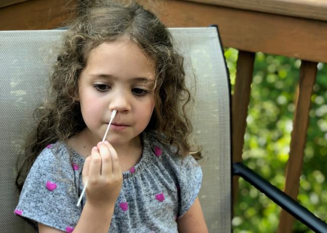 A young child participates in PCR testing procedure by self-swabbing her nostrils to collect a sample for PCR testing.