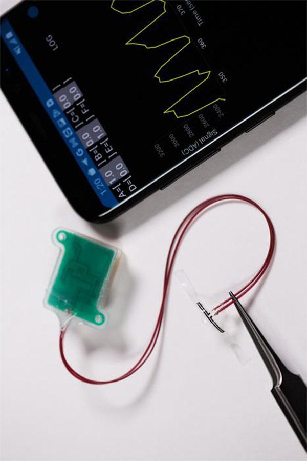 20240416-bladder-app.jpg Photo of a stretchable sensor with a thin wire connecting it to a green rectangular device, along with smartphone screen showing measurements.