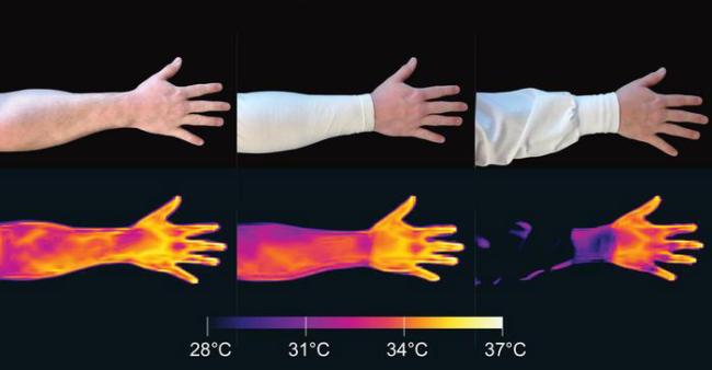 Infrared images showing how less infrared radiation can be detected on someone’s arm through loose-fitting sleeves than bare skin or tight sleeves.