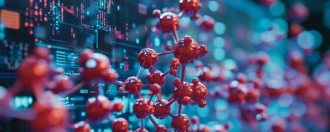 Illustration of a molecular structure emerging from a computer screen.