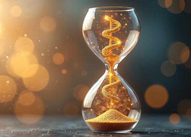 Illustration of an hourglass intertwined with a DNA helix.