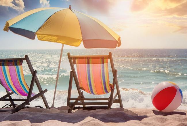Sunny Beach, umbrella, beach ball, chairs