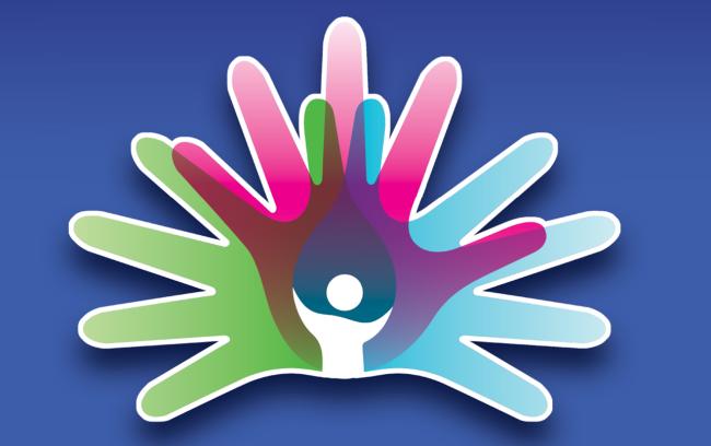 Abstract image of overlapping multicolored hands on a blue background