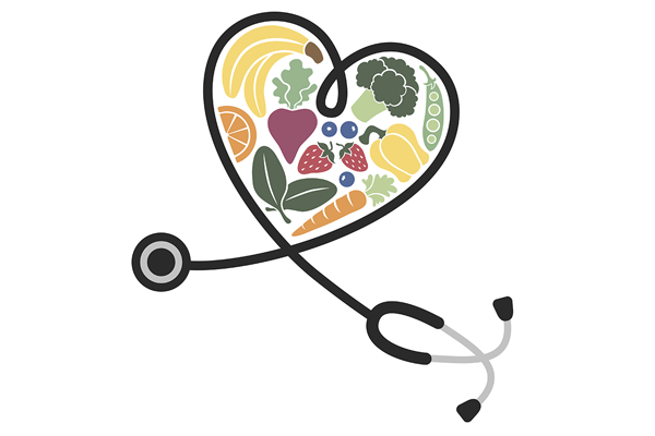 stethoscope in heart shape filled with healthy food
