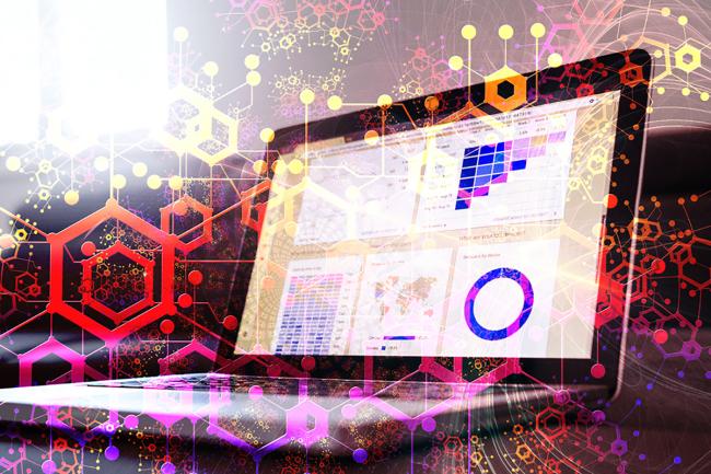 Double exposure of computer and technology theme drawing.