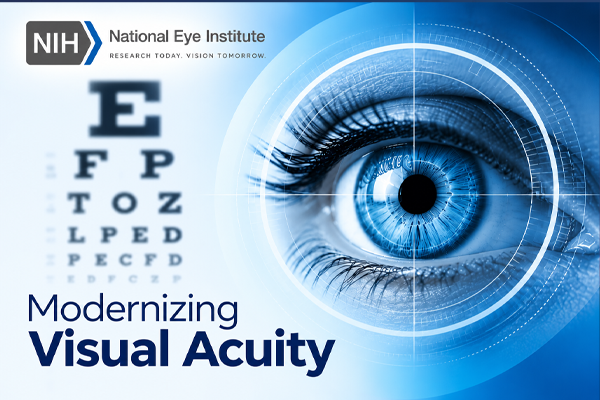 National Eye Institute graphic for the Modernizing Visual Acuity Challenge, featuring a blurred eye chart beside a blue eye with digital measurement overlays.