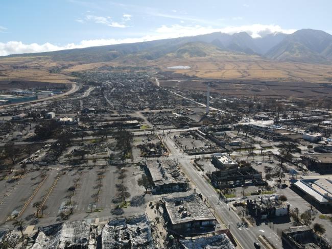 Aerial view of Lahaina after the wildfires in Maui.