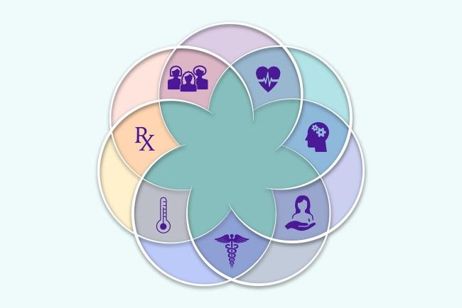 Image is of two levels of interlocking circles with a green flower that has 7 petals in the center. In each of the circles in the layer immediately outside of the flower there are unique icons. From top right in a circle to top left the 7 icons are: heart with wavelength, side profile of head with gears in place of brain, woman on top of open hand, universal healthcare image, thermometer, Rx symbol and three silhouettes of women.  