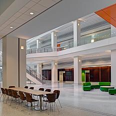 Seating areas in the atrium of the Porter building