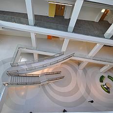 Looking down at the atrium stairs of the Porter building