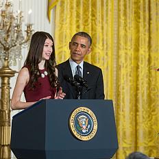 Elana Simon, a college freshman and cancer researcher, introduces President Obama for remarks highlighting investments to improve health and treat disease through precision medicine.