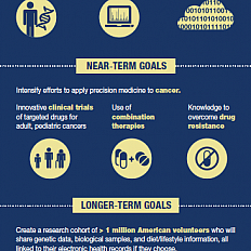 Infographic describing what the Precision Medicine Initiative is, why now, near-term goals, and longer-term goals. (Credit: NIH)