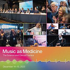 A collage of attendees and speakers participating in the December 14-15, 2024 Music as Medicine event. Panelists seated at a table; Dr. Francis Collins and Ms. Renee Fleming listen and clap from the audience; participants stand and clap; a musician perfor